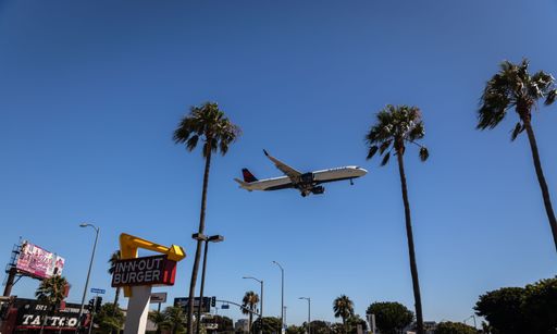 A Delta Airlines airplane flying low with a backdrop of palm trees in Los Angeles, California