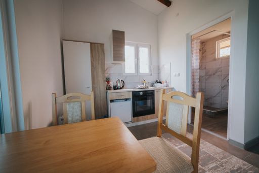 A closeup of wooden chairs and a table in a bright modern room with an open bathroom in the background