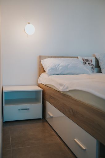 A vertical shot of a modern bedroom with a lamp on the wall and a pillow that has a cat image on the bed