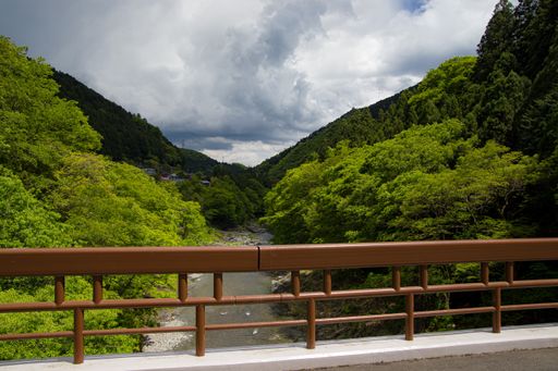 A beautiful valley of early summer green trees and clear river in Japan.