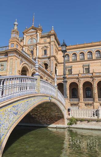 A vertical shot of historical Spain Square in Seville, Andalusia, Spain