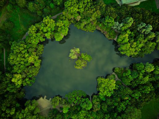 Aerial view of a tranquil lake surrounded by lush green trees on a sunny day