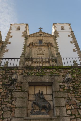 A low angle shot of the Iglesia San Francisco Javier catholic church in Caceres, Spain