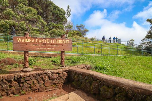 Waimea Canyon, Hawaii - February 2020: Waimea Canyon Lookout is a poplar area for visitors to Kauai's  colorful canyon and waterfall.