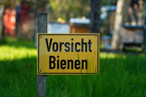 A sign warns of bees in front of some beehives in a local recreation area