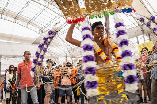 Thaipusam is a religious celebration by devotees. Its highlight is a barefoot walk of devotees carrying milk pots and dancing with prickly kavadis.