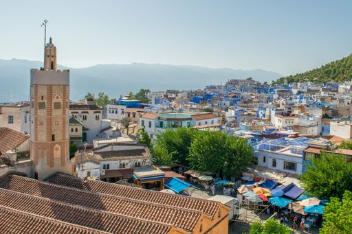 Part of the medina of Chefchaouen, the old town, with blue buildings and doors, in the Rif mountains. Urban tourist centre in rural environment