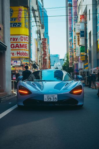 A vertical of a sleek blue car on the streets of Tokyo, Japan