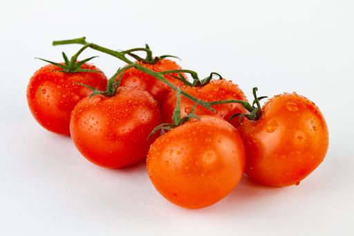 A closeup shot of a red cherry tomato branch covered with waterdrops isolated on white