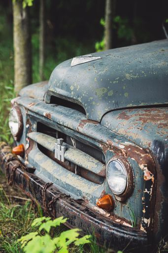A vintage pick-up truck is parked in a grassy meadow surrounded by lush trees and foliage