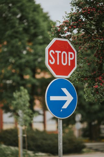 A vertical shot of road signs on the street