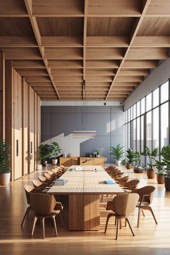 This modern office space features an array of stylish wooden tables and chairs, ideal for a business meeting or conference