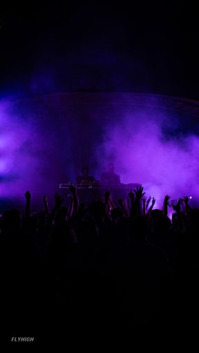 A crowd of people silhouetted against a vibrant backdrop of purple lighting and smoke at an outdoor music concert