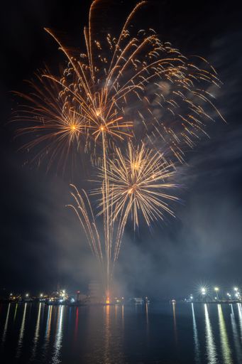 A vertical shot of a Spectacular night sky with an array of fireworks exploding over a body of water