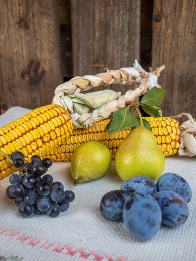 A vertical closeup of ripe pears, grapes, corn and plums on a tablecloth