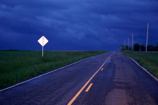 A road surrounded by a field covered in greenery under a cloudy sky in the evening