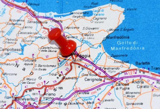 A shot of a pinned location on map of the city of Foggia in Italy