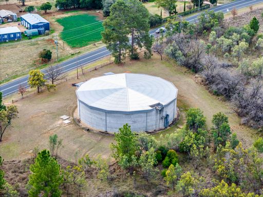 An aerial view of a water tank at Inverell, New South Wales, Australia