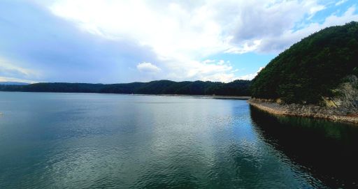 A scenic landscape featuring a large body of water surrounded by a lush forest with majestic mountains in the backdrop