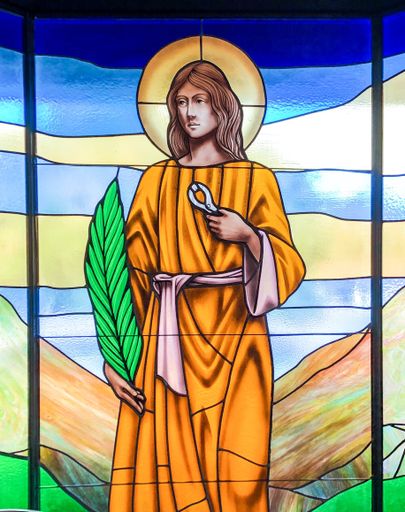 Stained Glass image of St. Appolina, Patron saint of Dentists. Taken  at St. Elizabeth Seton Church.