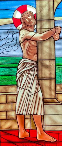 Stained glass image of the Scourging at the Pillar taken at St. Elizabeth Seton Church