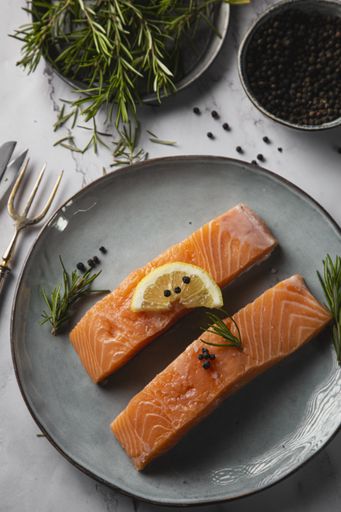 A top view of two salmon fillets with lemon, rosemary twig, and pepper on the table