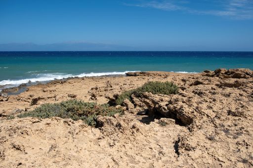 A scenic view of a barren beach against the blue sea waves on a sunny day