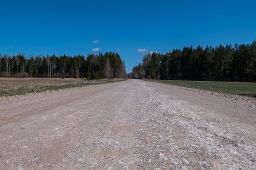 An empty dirt road through the countryside under a clear blue sky