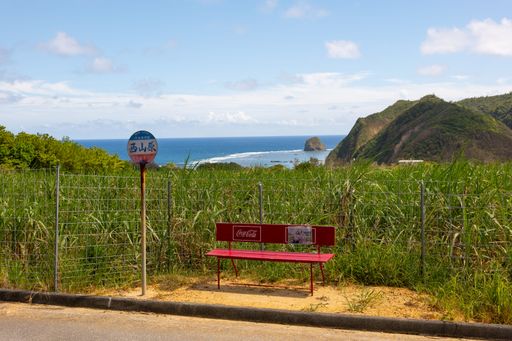 An Okinawa Bus stop in the middle of farm lands with the Pacific Ocean in the background