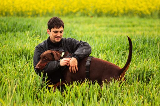 A young Hispanic male happily playing with his hound dog in a beautiful field