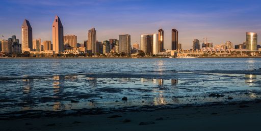 A panoramic view of San Diego Bay at golden hour in California, USA
