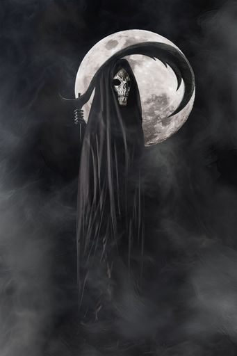 A grim reaper in a black robe with a scythe standing in the dark for Halloween