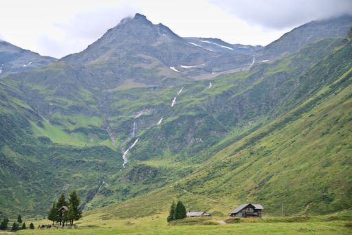 A wooden lodge with a high mountain and waterfall behind, lush green grass in Austrian Alps