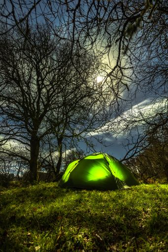 A green tent surrounded by trees under the full moon in Blessington Lakes, Wicklow, Ireland