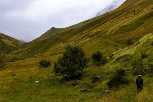 A peaceful scene of mountainous terrain featuring lush green grass and rocky outcrops in Georgia