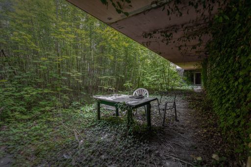 A selective focus of outdoor chairs and table covered with crawling vines in an abandoned building
