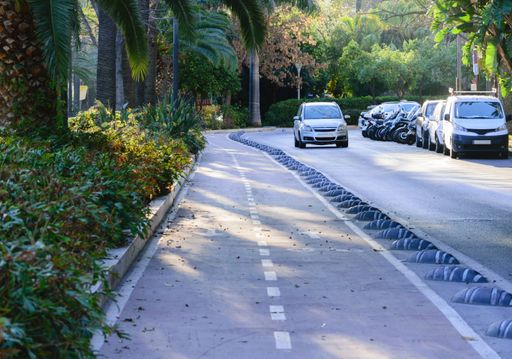 Bicycle path bordered by the lush vegetation of a park on the left and a one lane road with vehicles parked along and one car passing.