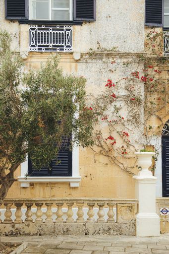 A beautiful shot of an old stone building decorated with flowers and plants