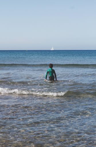 A vertical back view of a Hispanic child playing in the sea