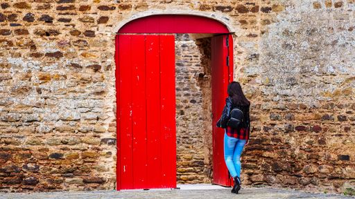 A closeup shot of a young female entering through a red wooden gate in a brick wall