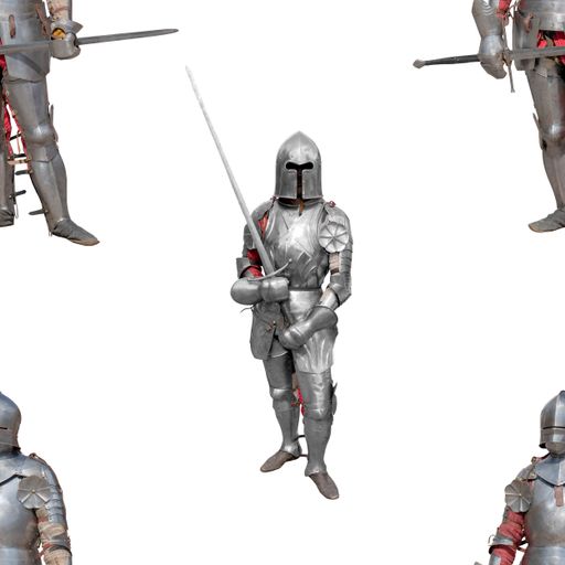 The knights in shiny metal armors and weapons on a white background