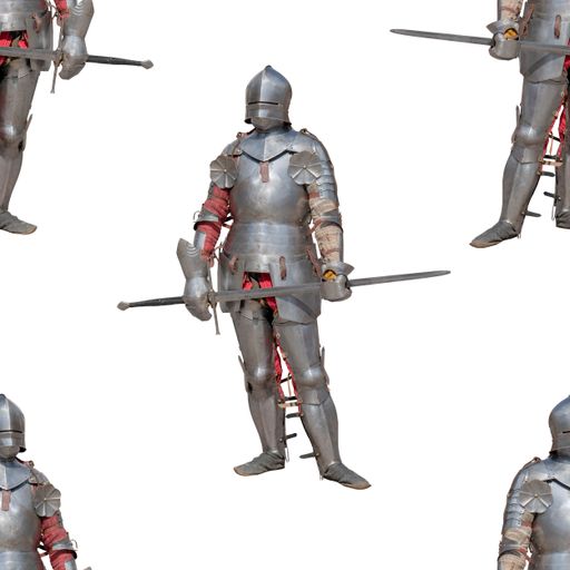 The knights in shiny metal armors and weapons on a white background