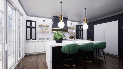 A modern styled kitchen with black and white furniture and green stools providing a pop of color