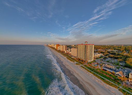 An aerial view of Myrtle Beach, South Carolina at sunrise