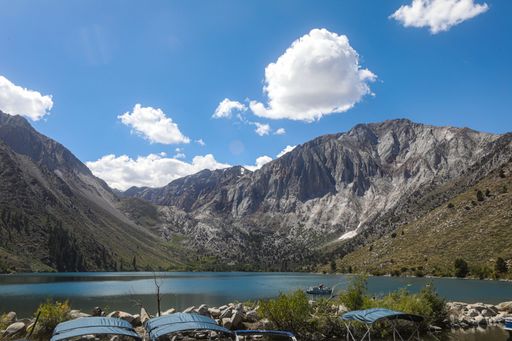 A scenic view of Convict Lake, California and its surrounding mountains in the early autumn season