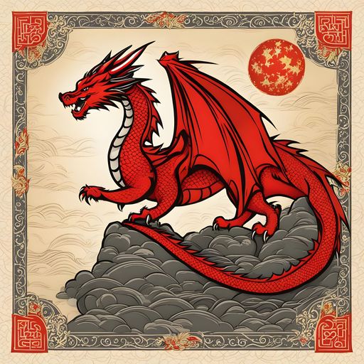 A golden Chinese dragon is perched atop a rocky outcrop against a backdrop of a bright blue sky and a shining sun