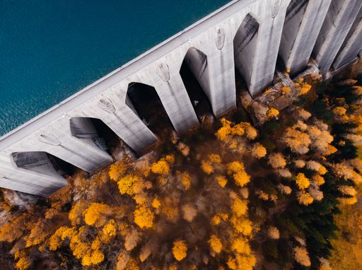 An Automn Vibes Drone shot in the Italian alps. Martello Valley dam, South Tyrol