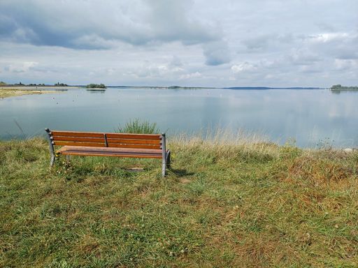 A scenic view of a bench on the shore of a tranquil lake surrounded by greenery