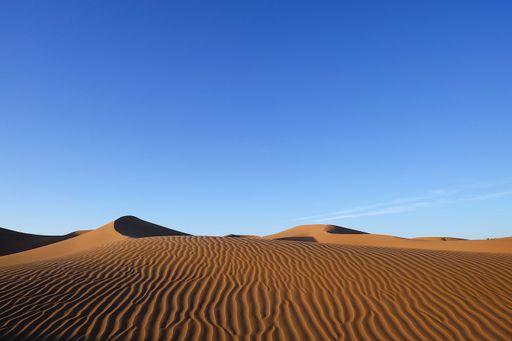 A golden sand dune landscape illuminated by a warm sun in the Sahara Desert in Egypt