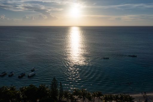 An aerial view of boats lined up on a sandy beach at sunset in Roatan Honduras